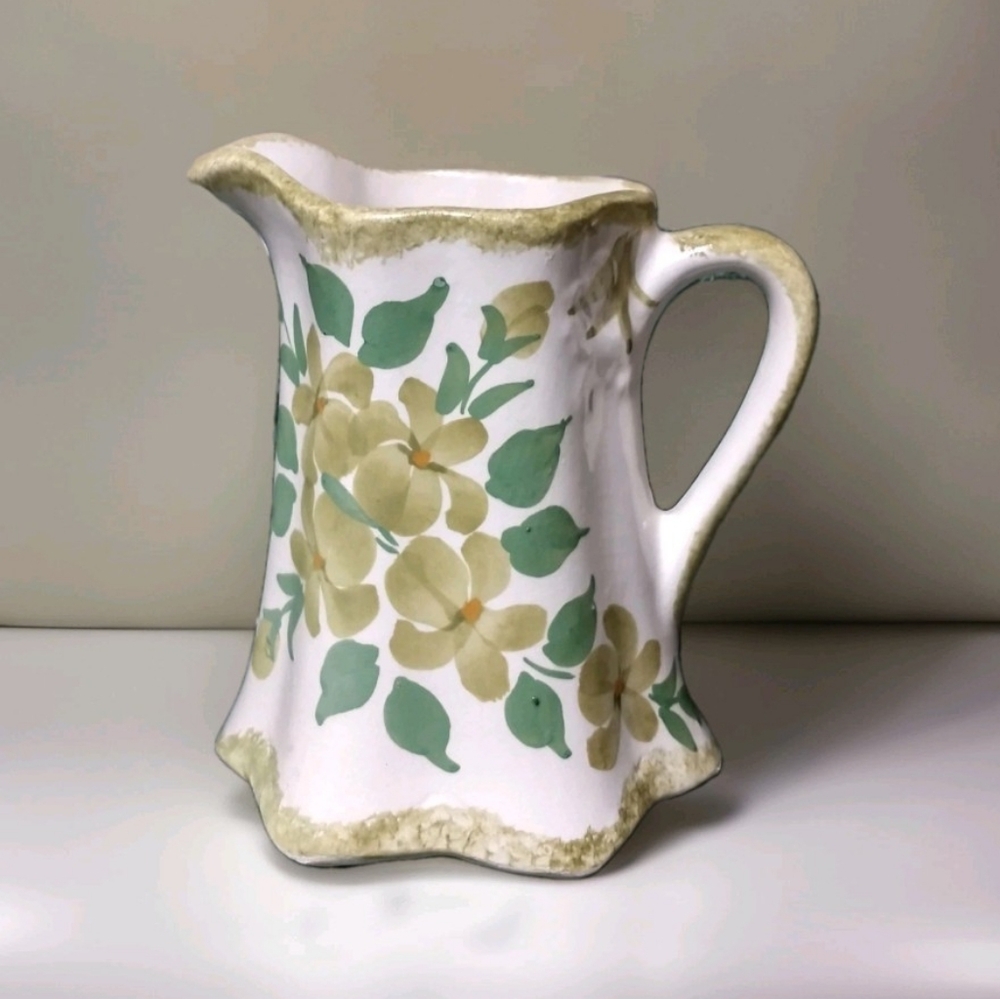 Vintage The Cash Family Pottery Pitcher Hand Painted Floral Green